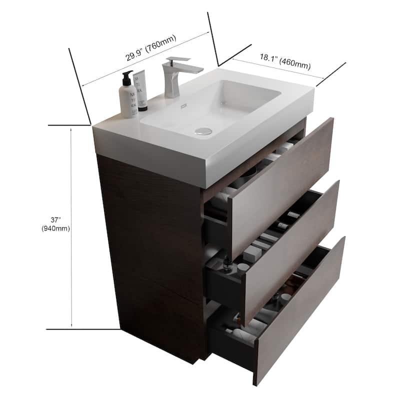 30"Walnut Bathroom Vanity with Sink,Large Storage Freestanding Bathroom Vanity for Modern Bathroom,One-Piece White Sink Basin