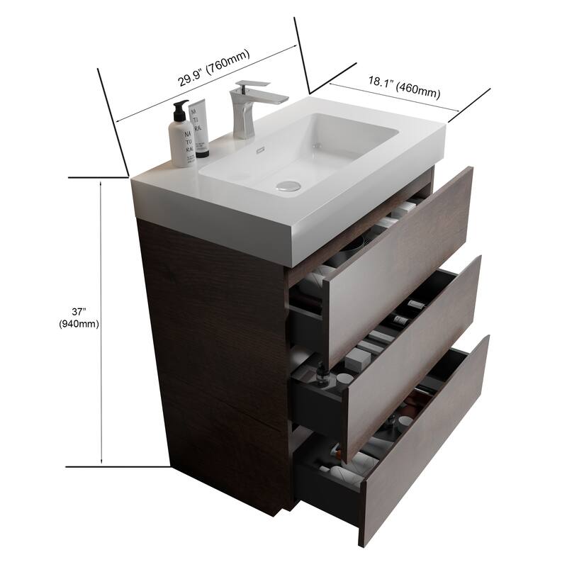 GDFStudio - Alice Walnut Freestanding Bathroom Vanity with One-Piece Matte Black Sink, Modern Handle-Free Design, Pre-Assembled