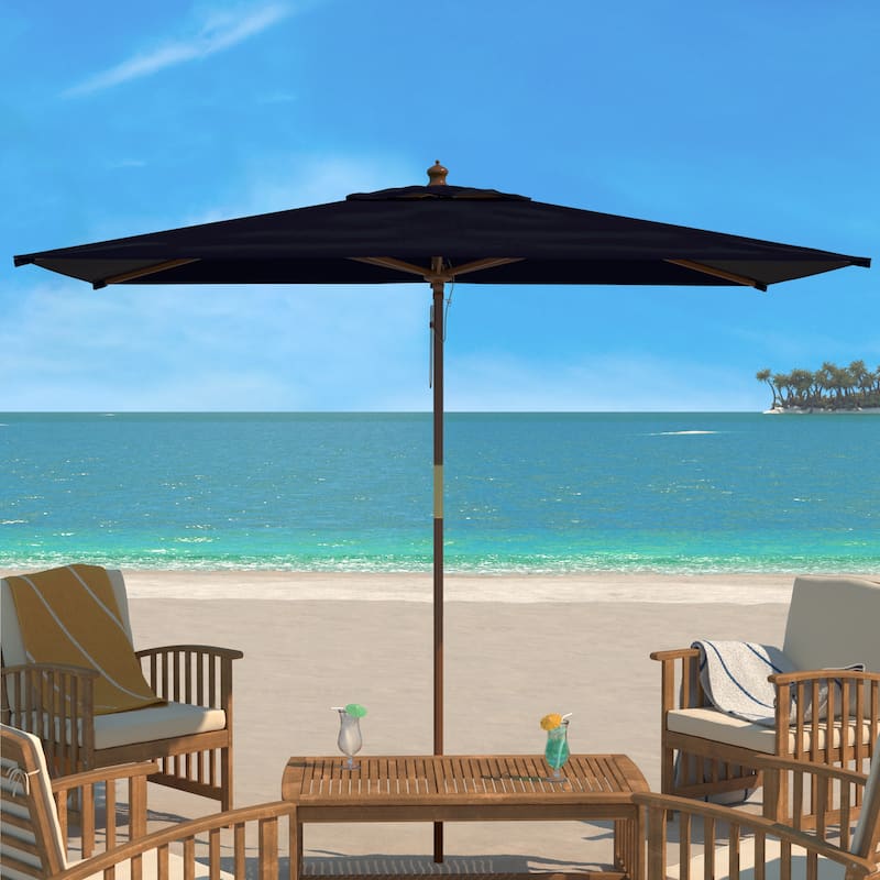 SAFAVIEH Outdoor Glauca 11-Foot Wooden Pulley Market Umbrella - Navy