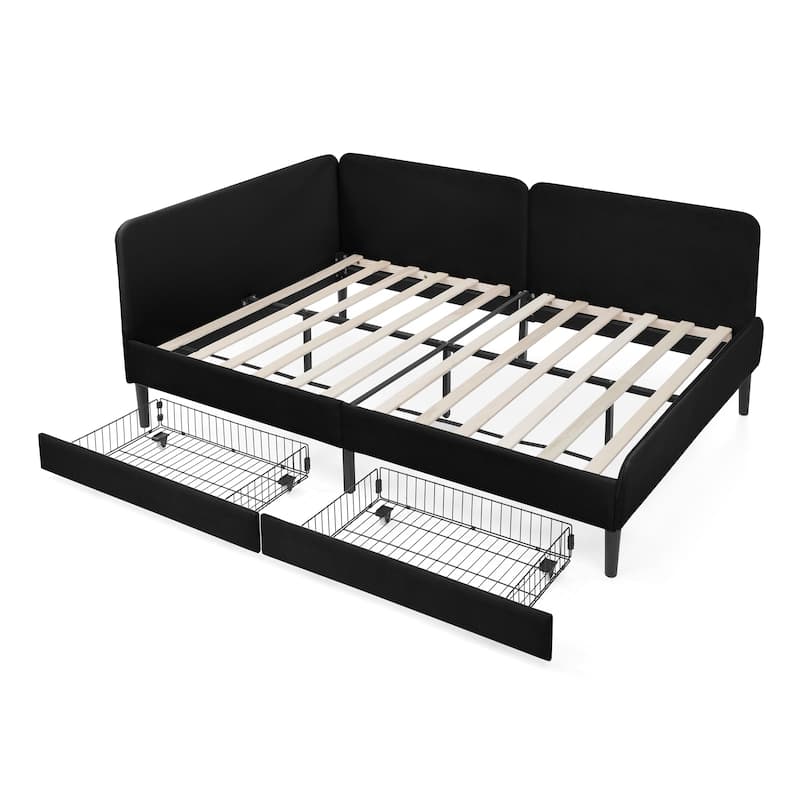 Full Size Upholstered Platform Bed Frame, Velvet Sofa Bed with Storage Drawers, Convertible Sofa Daybed
