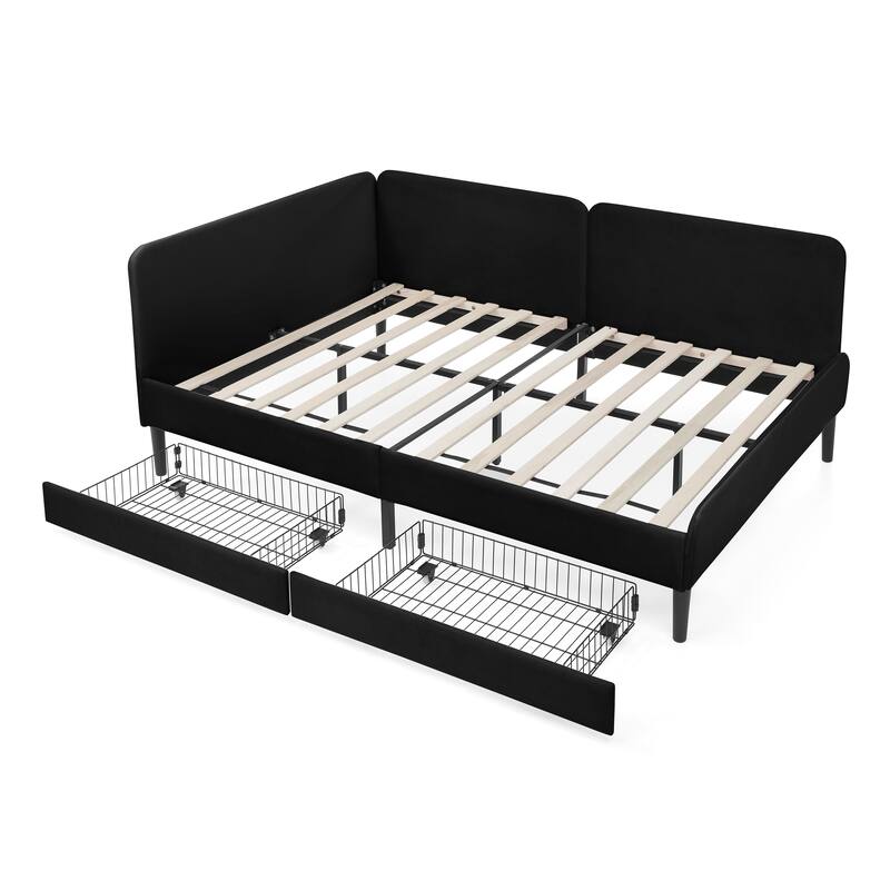 Roomfitters Twin/Full Upholstered Platform Bed with Side Backrest and Underbed Storage Trundle