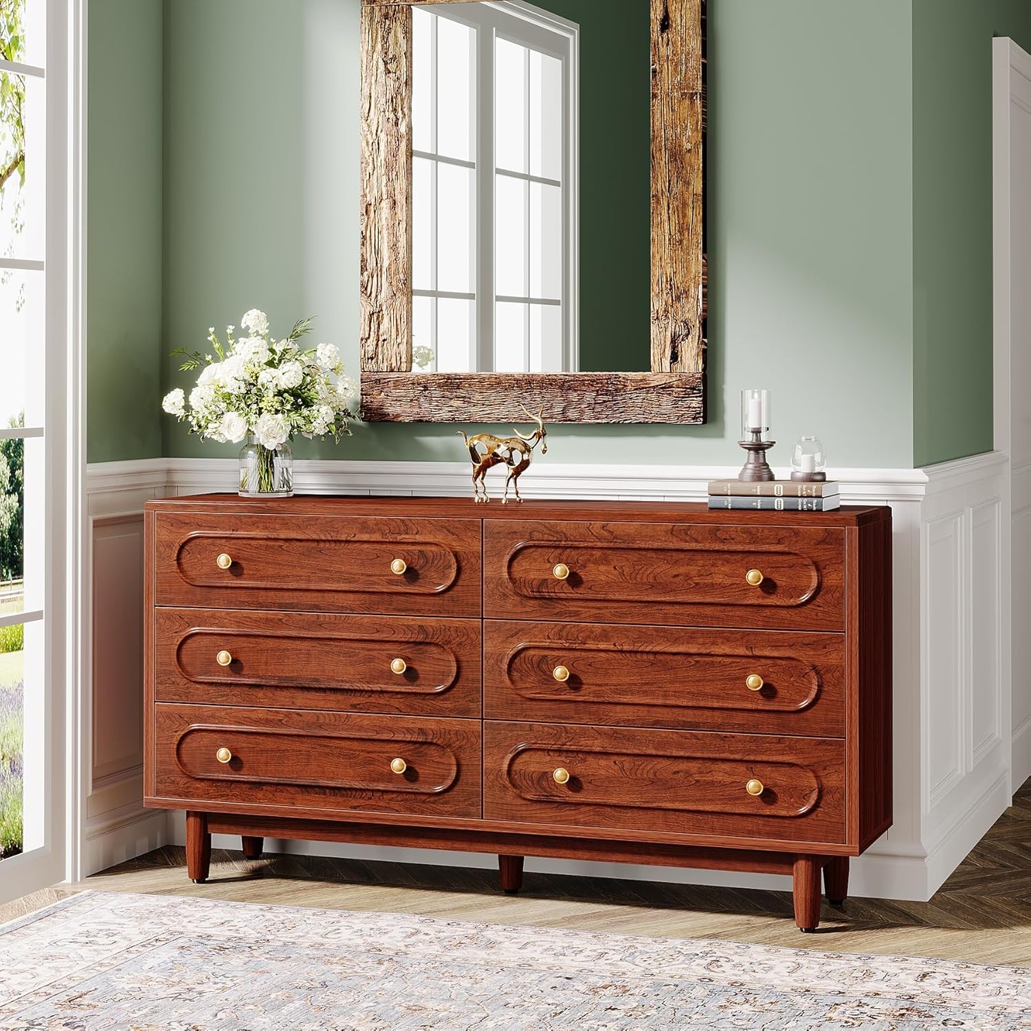 55 Inches 6 Drawer Dresser Double Dresser for Bedroom Brown