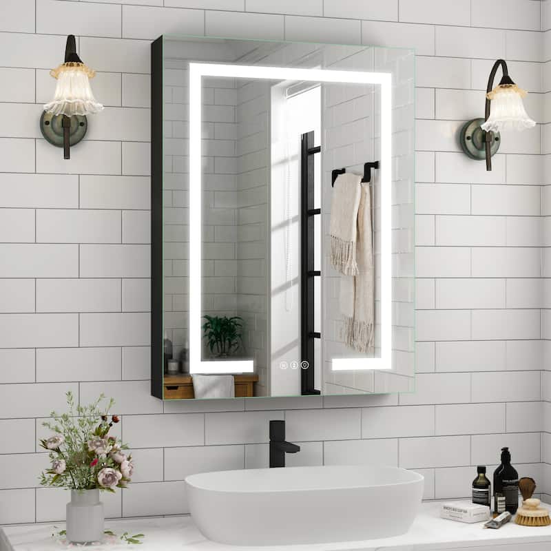 Rectangular Aluminum Recessed/Surface Mount Frameless Anti-Fog Medicine Cabinet with Dimmable LED Lights - 32" x 24" - Black, right Hinge