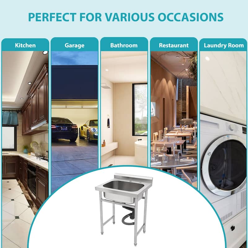 25" x 22" Stainless Steel Large Utility Sink Single Bowl, Freestanding Commercial Restaurant Sink, Utility Sink