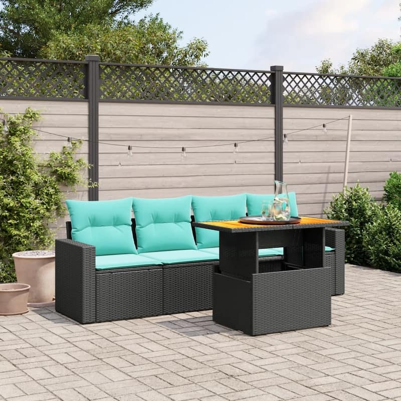 vidaXL Patio Sofa Set with Cushions Outdoor Furniture 5 Piece Poly Rattan - Black without storage - 25.8" x 24.4" x 27.2"