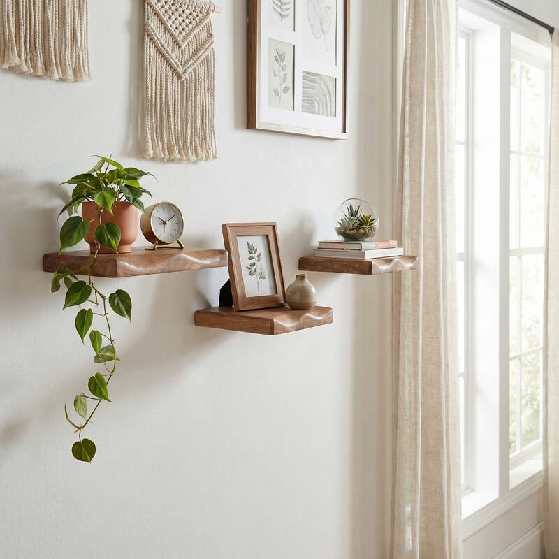 Wood Floating Wall Shelves Set of 3 - Brown, 10/12/14" - 14.0"