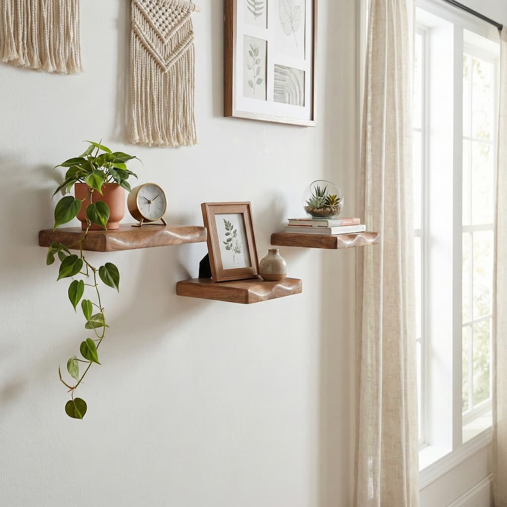 Wood Floating Wall Shelves Set of 3 - Brown, 10/12/14" - 14.0"