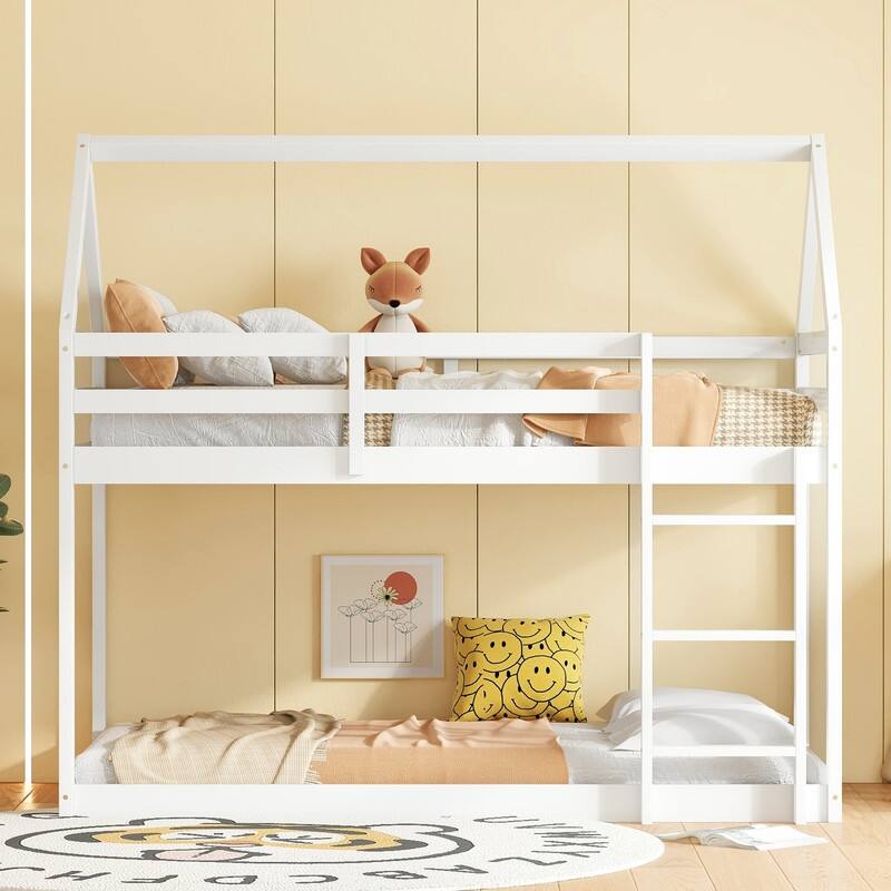 Twin over Twin Size Rubber Wood Floor Bunk Bed with ladder and Guardrails