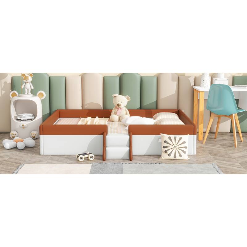 Roomfitters Twin/Full/Queen/King Size Upholstered Daybed Frame with Safety Fence and Stairs, PU Fabric Platform Bed with Slats