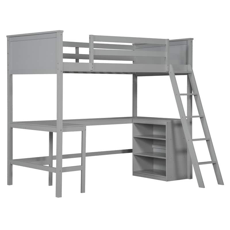 Twin size Wooden Loft Bed with Shelves and Desk