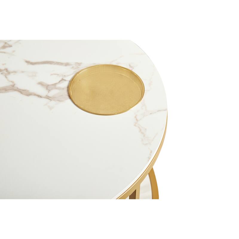 Round Coffee Table with Storage Tray and Lower Shelf Two Tier Modern Design