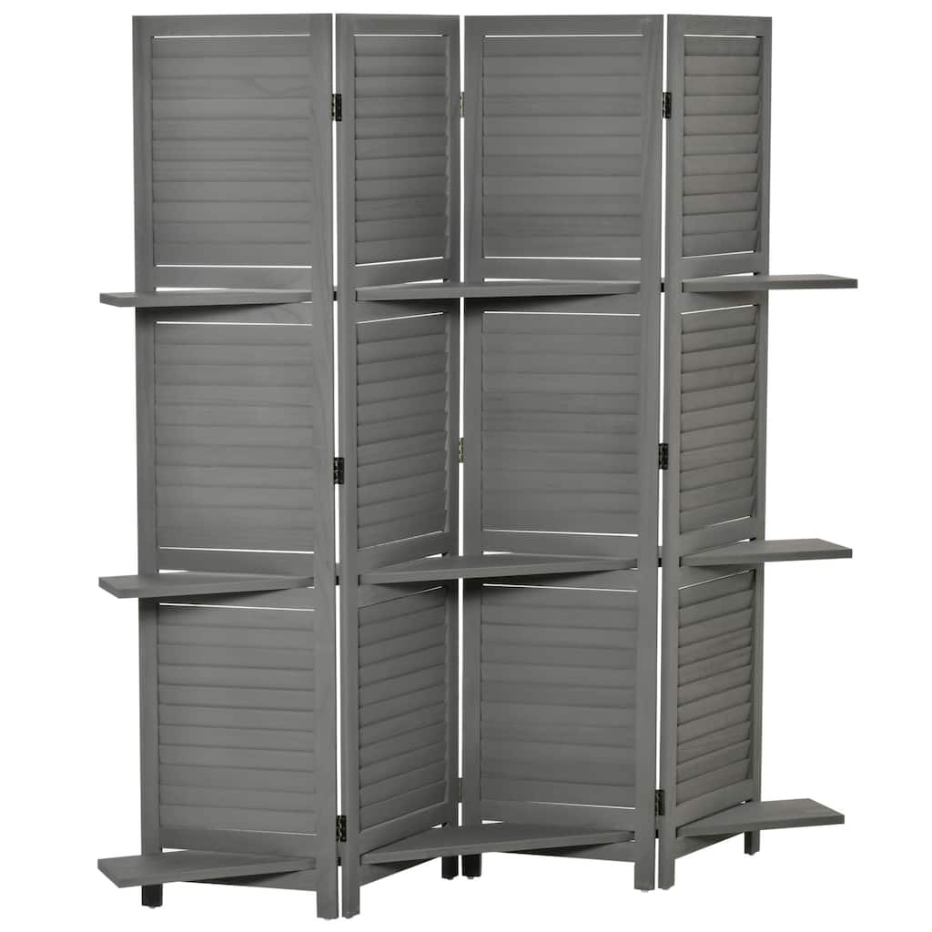 4-Panel Folding Room Divider, 5.6 Ft Freestanding Paulownia Wood Privacy Screen Panel with Storage Shelves for Bedroom or Office