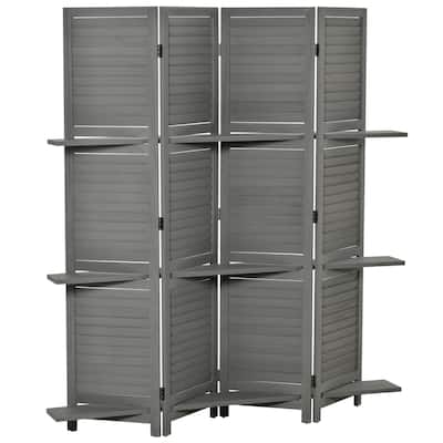 4-Panel Folding Room Divider, 5.6 Ft Freestanding Paulownia Wood Privacy Screen Panel with Storage Shelves