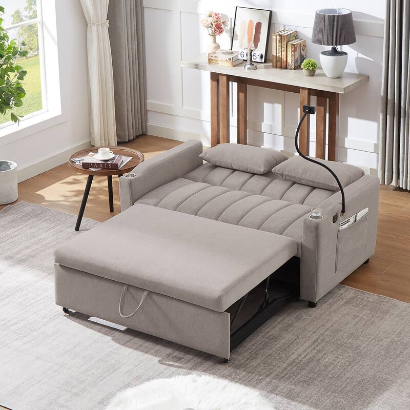 Modern Convertible Sofa Bed with 3 USB Ports, 2 Side Pockets, 2 Cup Holders and Phone Holder for Living Room and Apartment