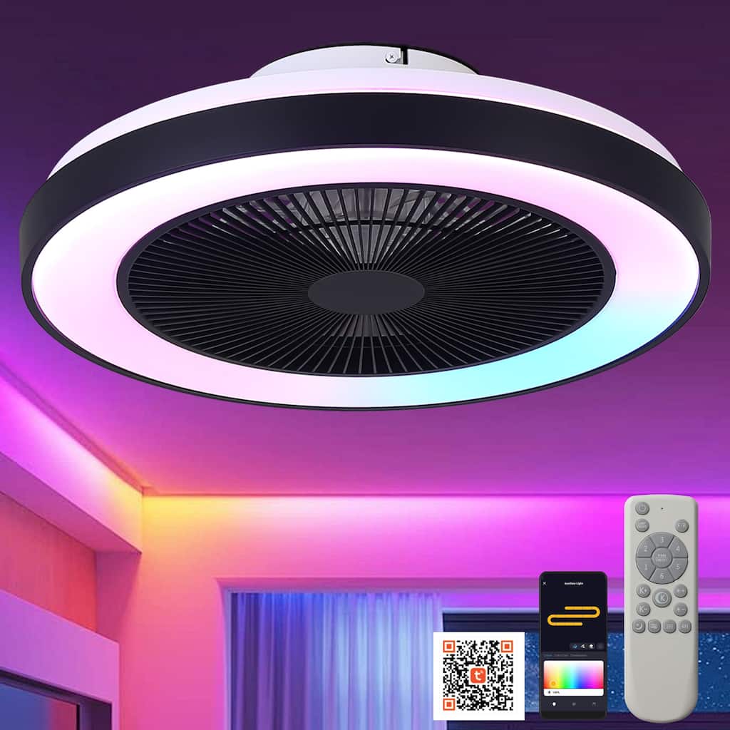 Cusp Barn 19" Modern Low Profile Flush Mount Ceiling Fans with Lights, Smart RGB Ceiling Fan with Alexa/Tuya APP/Voice Control