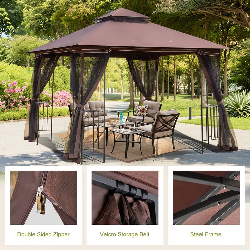 9'X9' Outdoor Steel Gazebo, Double Roof Patio Canopy with Netting, Curtains & Hanging Hooks for Backyard Deck Garden