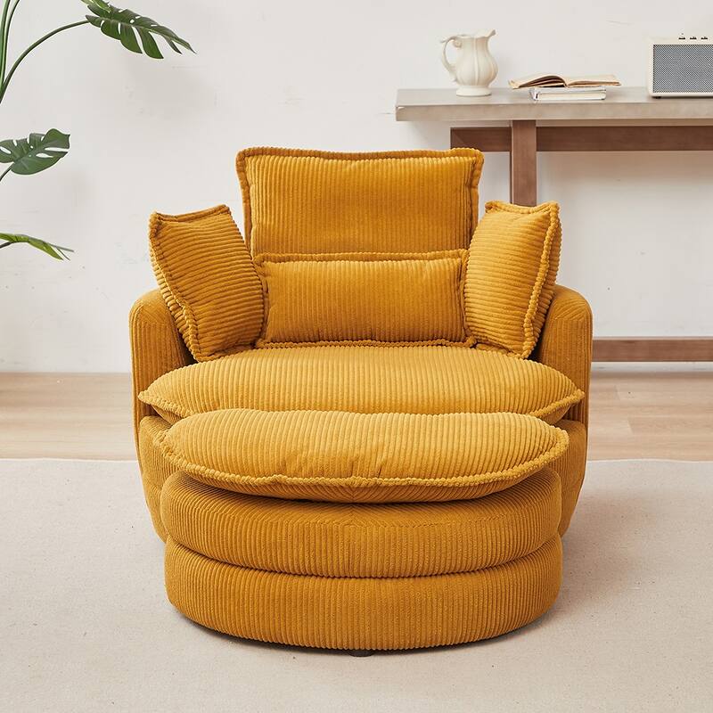 38"W Oversized Round Swivel Barrel Chair with moon storage ottoman and 4 Pillows