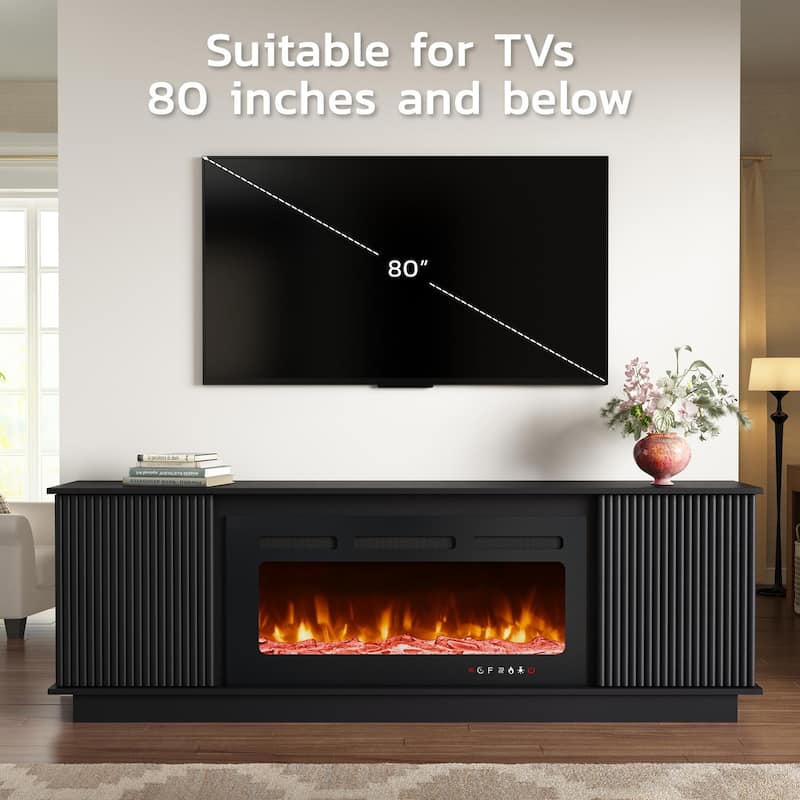 EROMMY 70" Fireplace TV Stand with 36" Electric Fireplace, Fluted Media Console for TVs up to 80", Black
