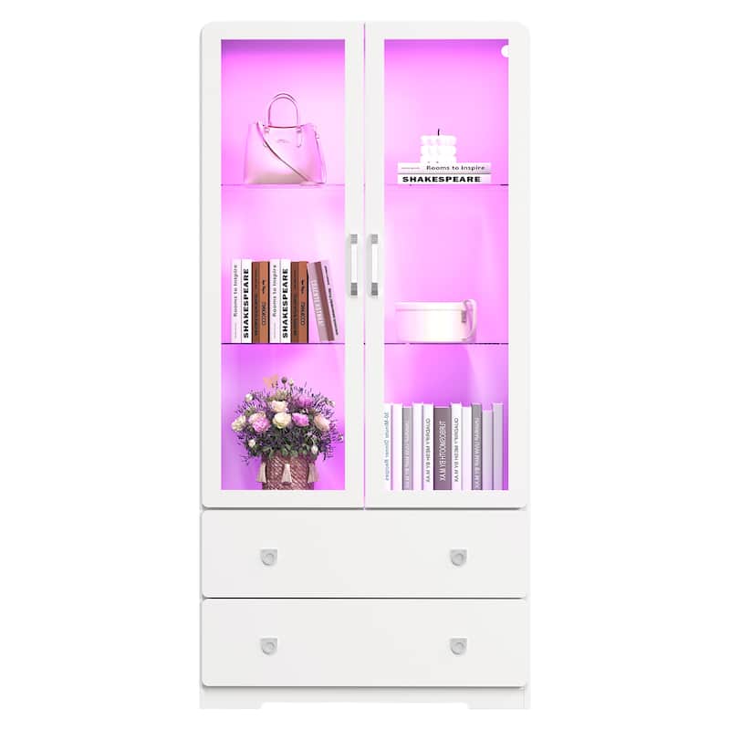64'' Tall Display Cabinet with Acrylic Doors and LED Lights - N/A - White