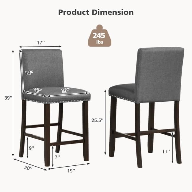 Set of 2 Bar Stools Linen Fabric Counter Height Chairs for Kitchen Island - 19" x 20" x 39" (L x W x H)