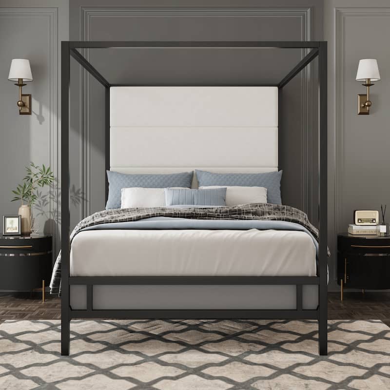 Modern Canopy Bed with 76.5" Tall Fabric Upholstered Headboard Metal 4-Poster Bed Frame