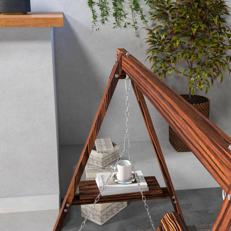 2-Seat Wooden Porch Swing, Stand, Side Tables, Metal Chains, Outdoor