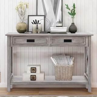 Whitewashed Wood 2-Drawer 1-Shelf Console and Entry Table, Vintage ...
