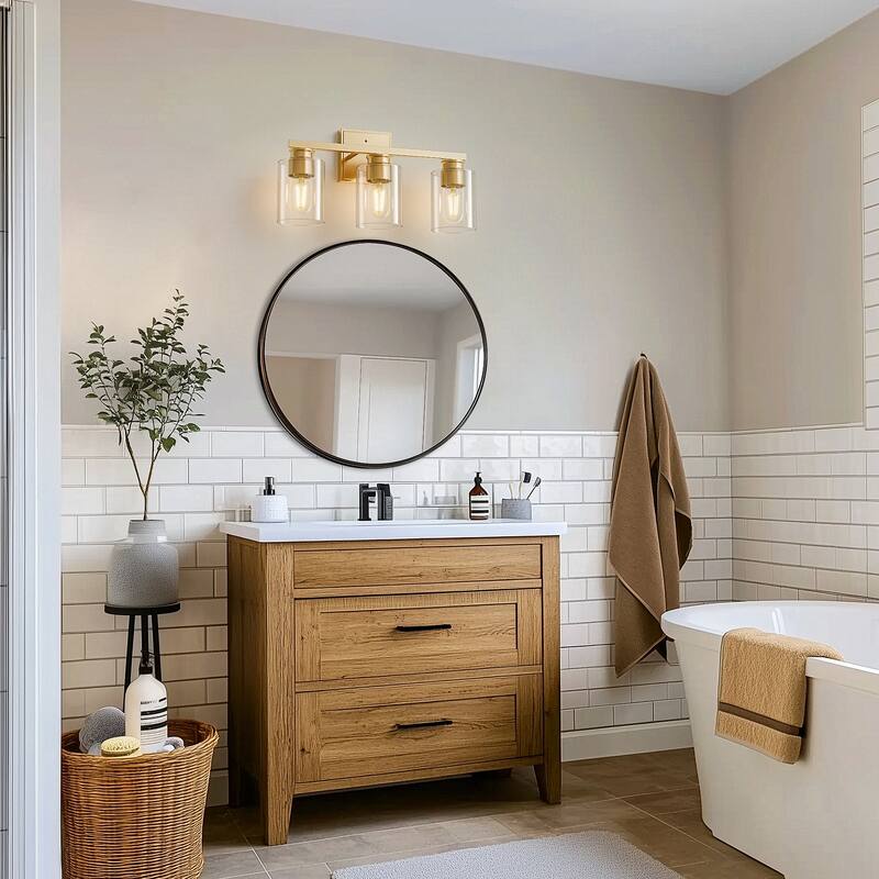 YANSUN Modern Gold Vanity Light 3-Light Bathroom Wall Sconce with Clear Cylindrical Glass