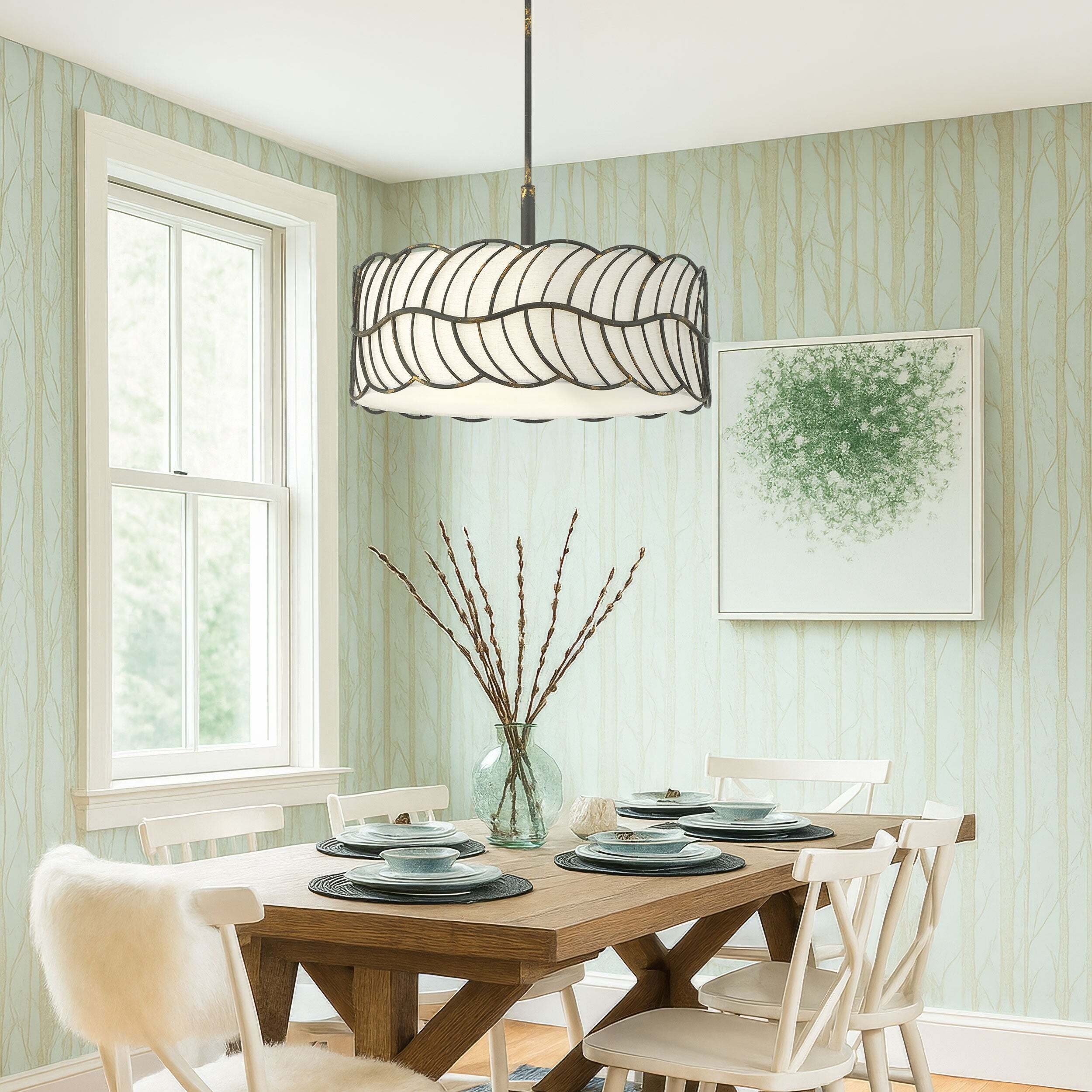 Golden Lighting Simbolo 5-Light Pendant - Antique Black Iron - Ivory Linen Shade