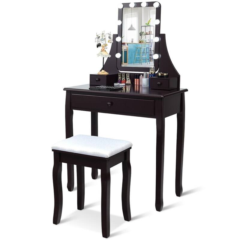 10 LED Lighted Mirror and 3 Drawers Vanity Table Set - 31.5" x 16" x 54" (L x W x H)