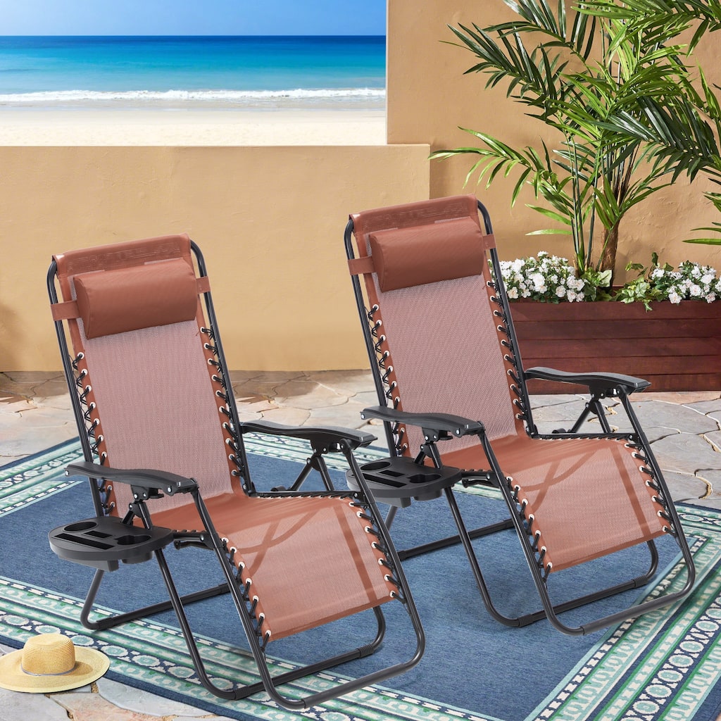 Zero Gravity Lounge Chair Set of 2 – Outdoor Folding Recliners with Cup Holder, Adjustable Headrest, Weather-Resistant Fabric