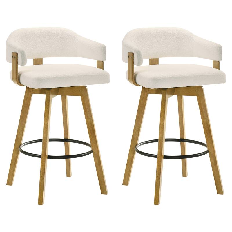 Callah Natural Wood Bar Stool, Counter Height Kitchen Stool in Amber Glow Finish with White Boucle Fabric Upholstered Seat