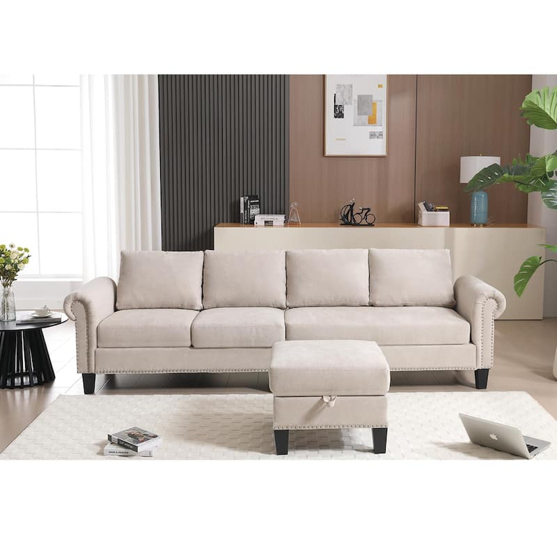 Linen Fabric Sectional Sofa, L-shaped Upholstered Sofa with Storage, Modern Rolled Arms Couch for living room