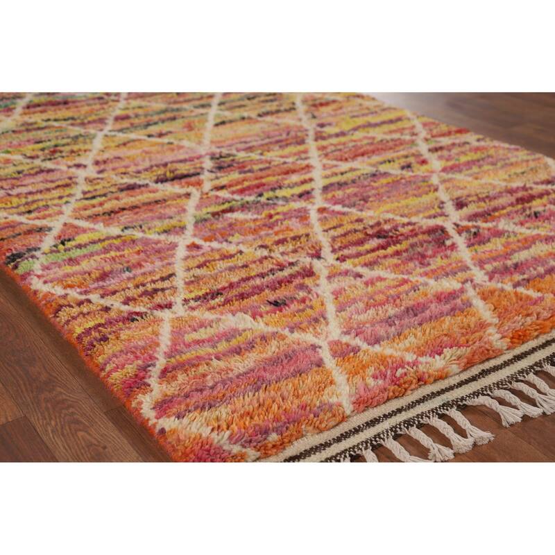 Hand Knotted Oriental 100% Wool Carpet Modern Geometric Multi-Colored Moroccan Area Rug - 6' 0'' X 4' 0''