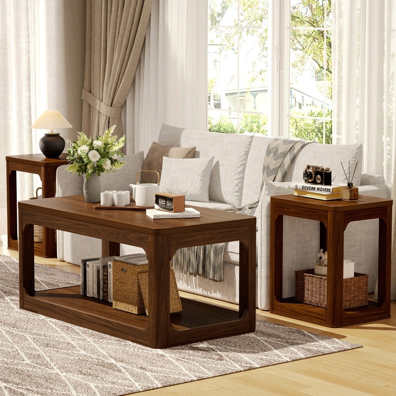Modern 3-Piece Coffee Table Set with 2 End Side Tables with Rounded Edges for Living Rooms, Bedrooms