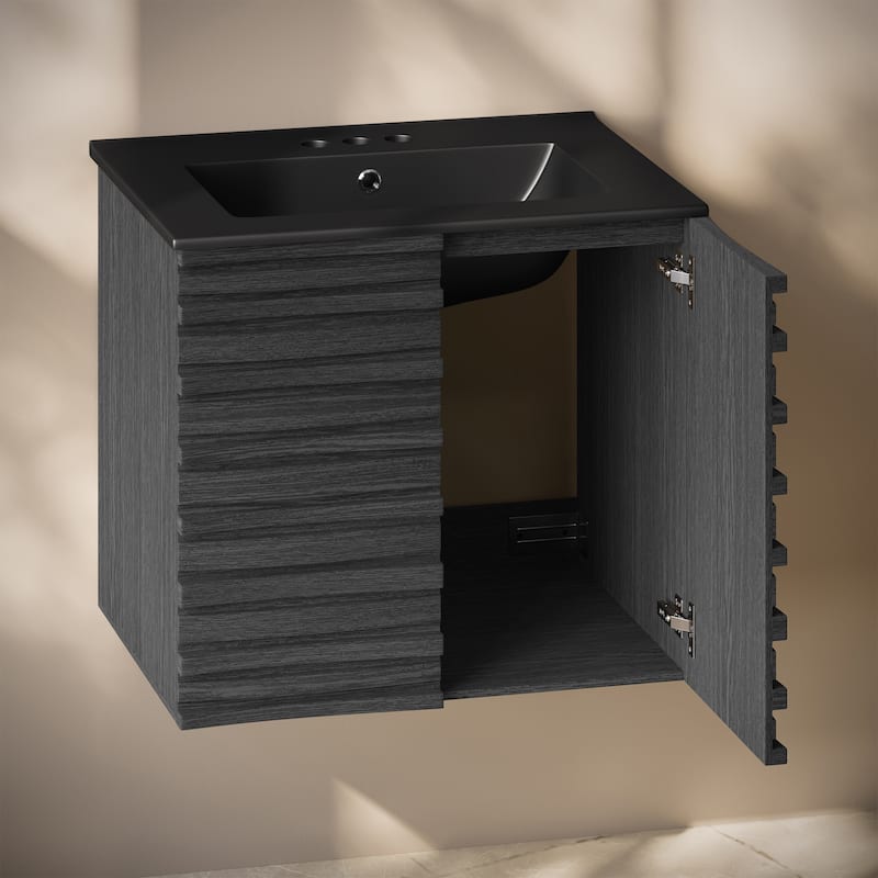 Cascade 24" Wall-Mounted Bathroom Vanity In Black Oak With Black 3-Hole Centerset Sink Top - 24