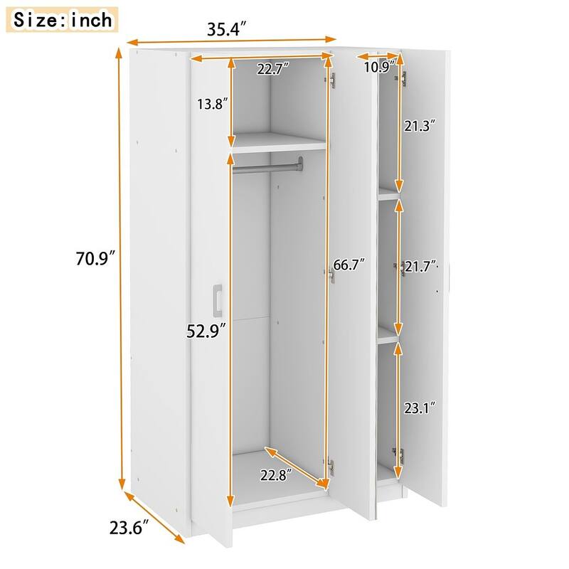 Modern 3 Door Wardrobe with Mirror, 3 Drawers, Hanging Rod - N/A