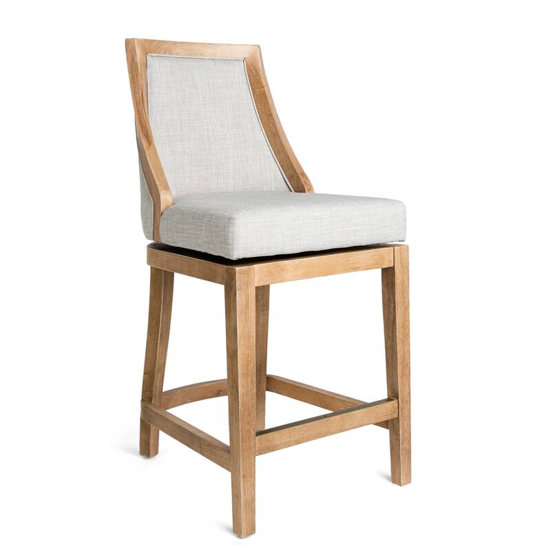 HomeRoots 26" Beige and Natural Fabric and Solid Wood Counter Height Swivel Bar Chair