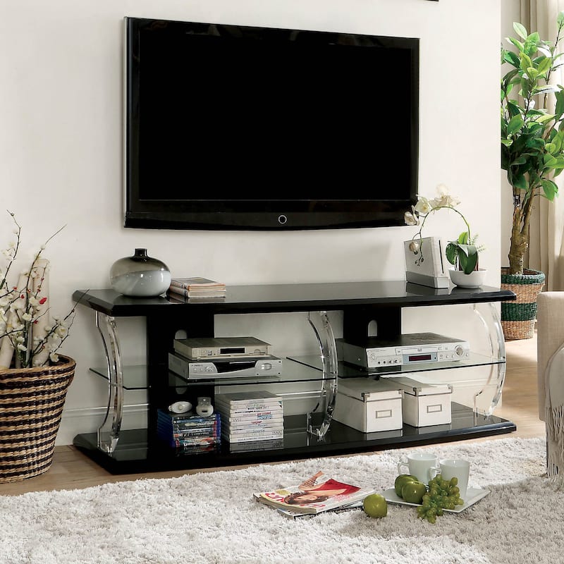 Lald Modern Glass 4-Shelf TV Console with LED by Furniture of America - 60 inches - Black