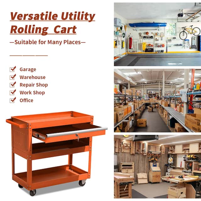 3-Tier Rolling Tool Cart with Drawer Steel Utility Storage Tool Box