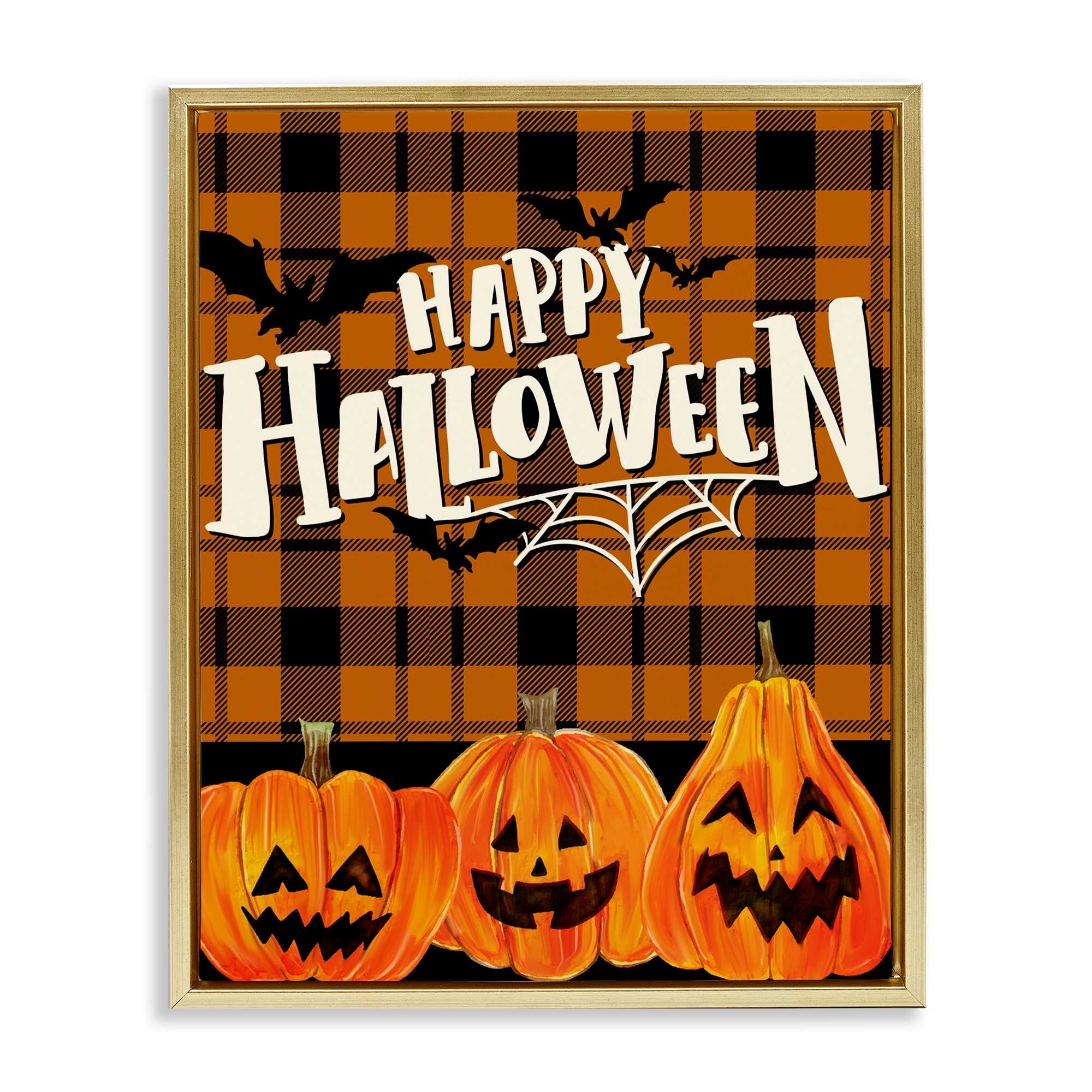 Stupell Halloween Jack-o-Lanterns on Plaid Framed Floater Canvas Wall Art Design By Kim Allen