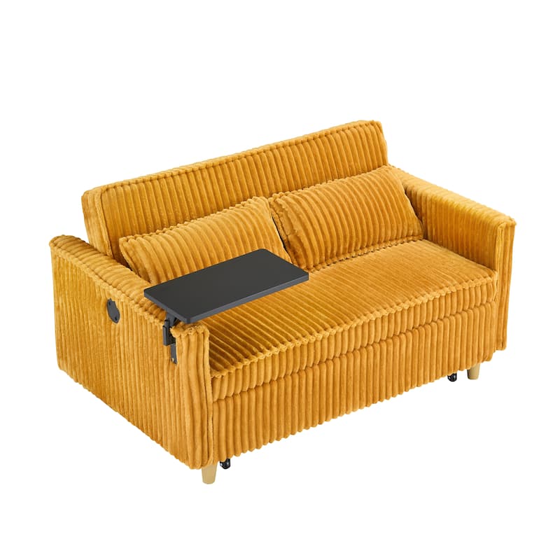 The Pull-Out And Push-In Corduroy Sofa With Dual Functions,Equipped With A Movable Tabletop And Usb Ports,Is Suitable