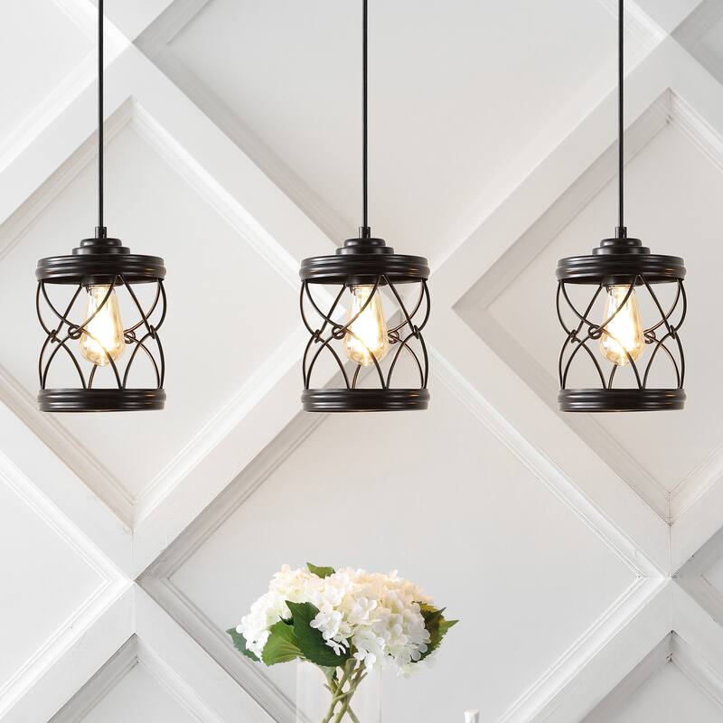 Helisa 6.5" 1-Light Farmhouse Industrial Iron Filigree Caged Jar LED Pendant, (Set of 3) by JONATHAN Y