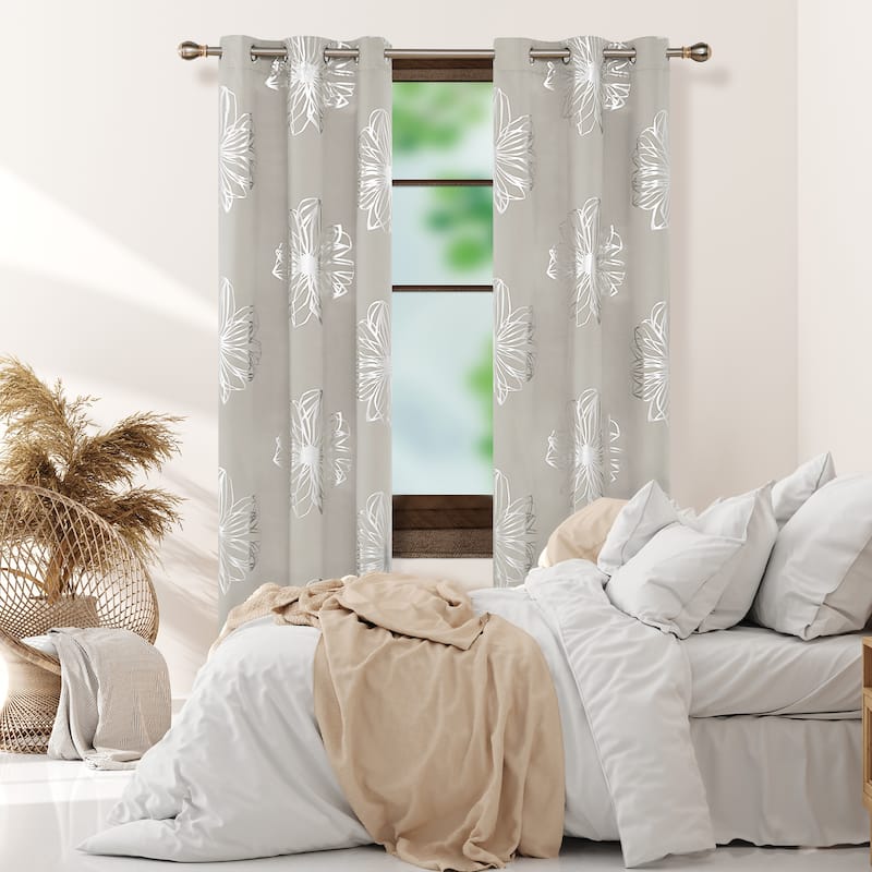 Deconovo Silver Floral Thermal Insulated Curtain Panel Pair(2 Panel)