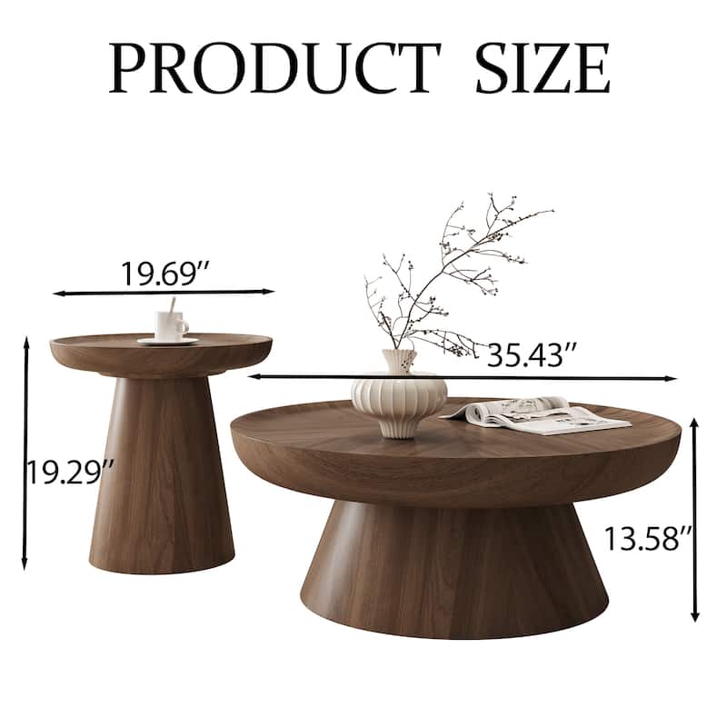 Round Walnut Nesting Coffee Tables 2-Piece Set - Modern Living Room Wooden Accent Tables, Stackable & Separable