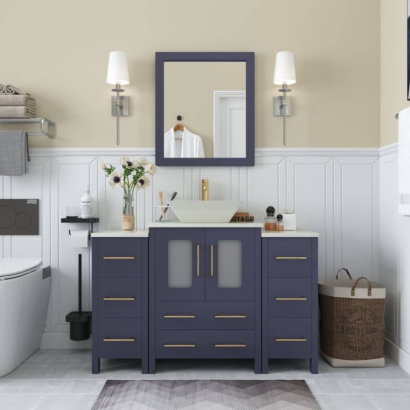Vanity Art 48" Single Sink Bathroom Vanity Set with Engineered Marble Top and Free Mirror - 48 W X 18.5 D X 31.1 H - Blue
