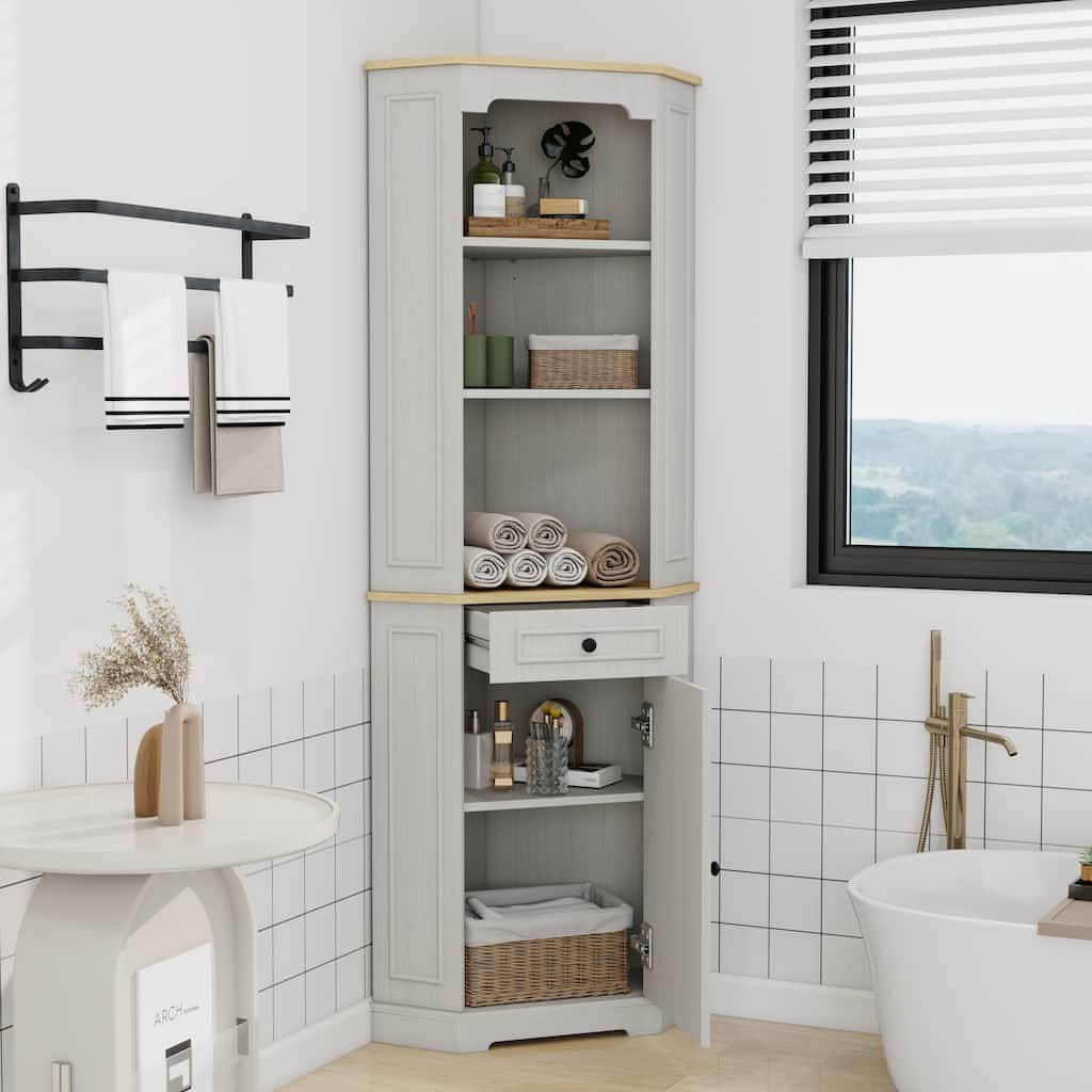 68" Farmhouse Corner Cabinet, Freestanding Storage with Door, Drawer & Adjustable Shelf for Kitchen, Living Room, Bathroom