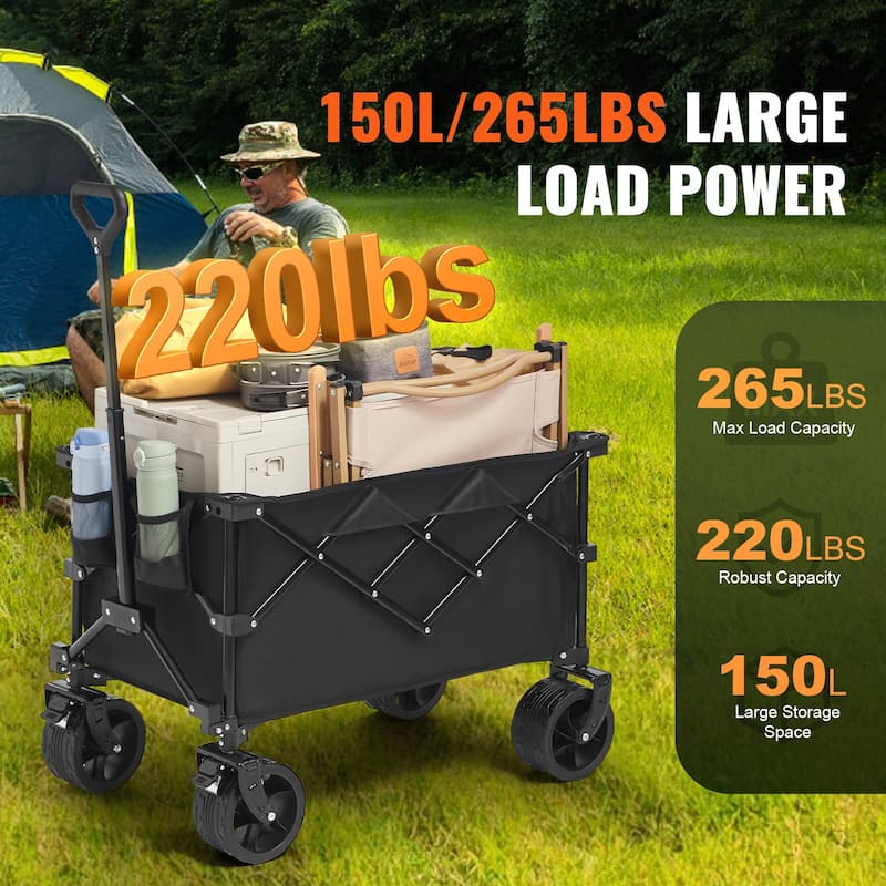 Black Oxford Iron Wagon 265lbs Foldable Cart with 150L Storage - 35.04 x 21.26 x 42.52 inch