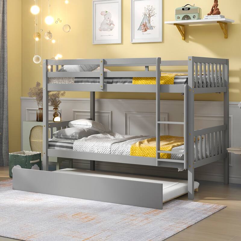 Twin/Full Size Bunk Bed with Trundle, Convertible to 2 Platform Bed - Grey - Twin