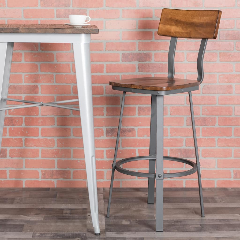 Rustic Walnut Restaurant Barstool with Wood Seat & Back & Gray Powder Coat Frame - 16.25"W x 22.75"D x 45"H